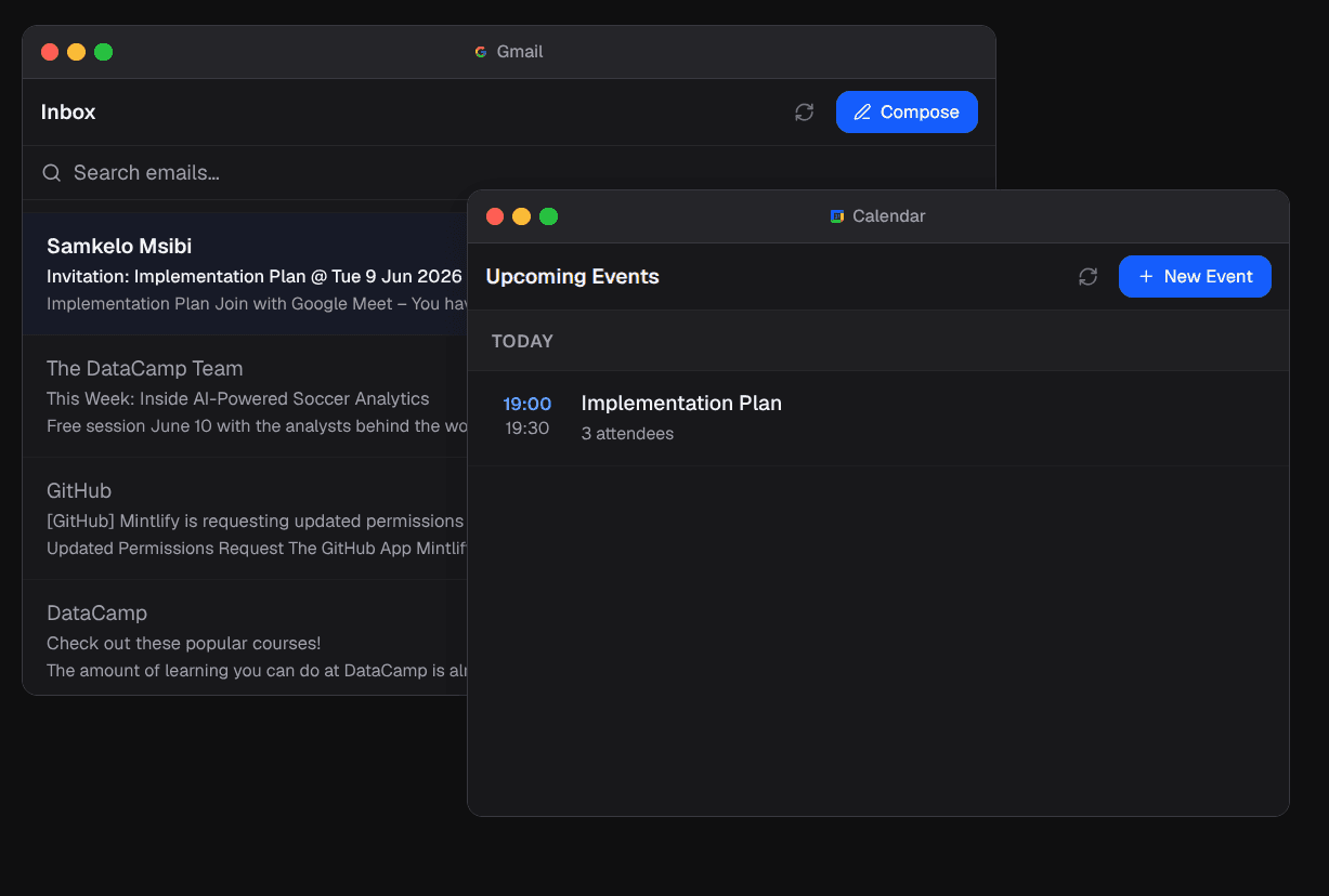 Gmail inbox and Google Calendar events side by side