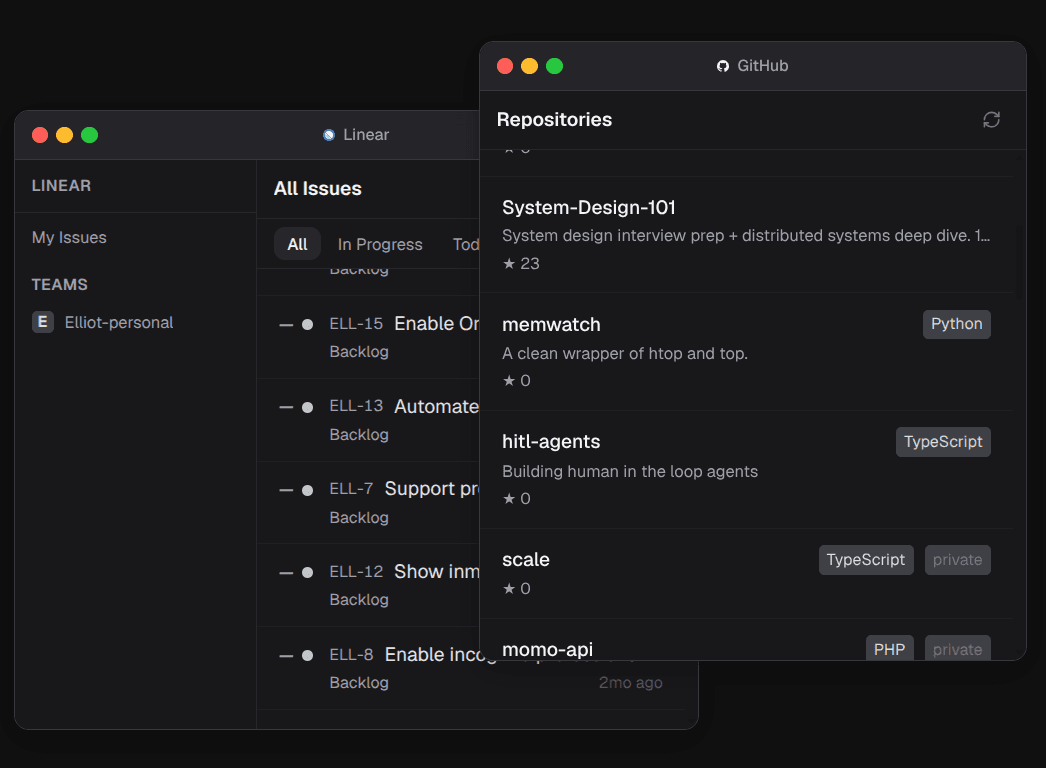 Linear issues and GitHub repositories side by side