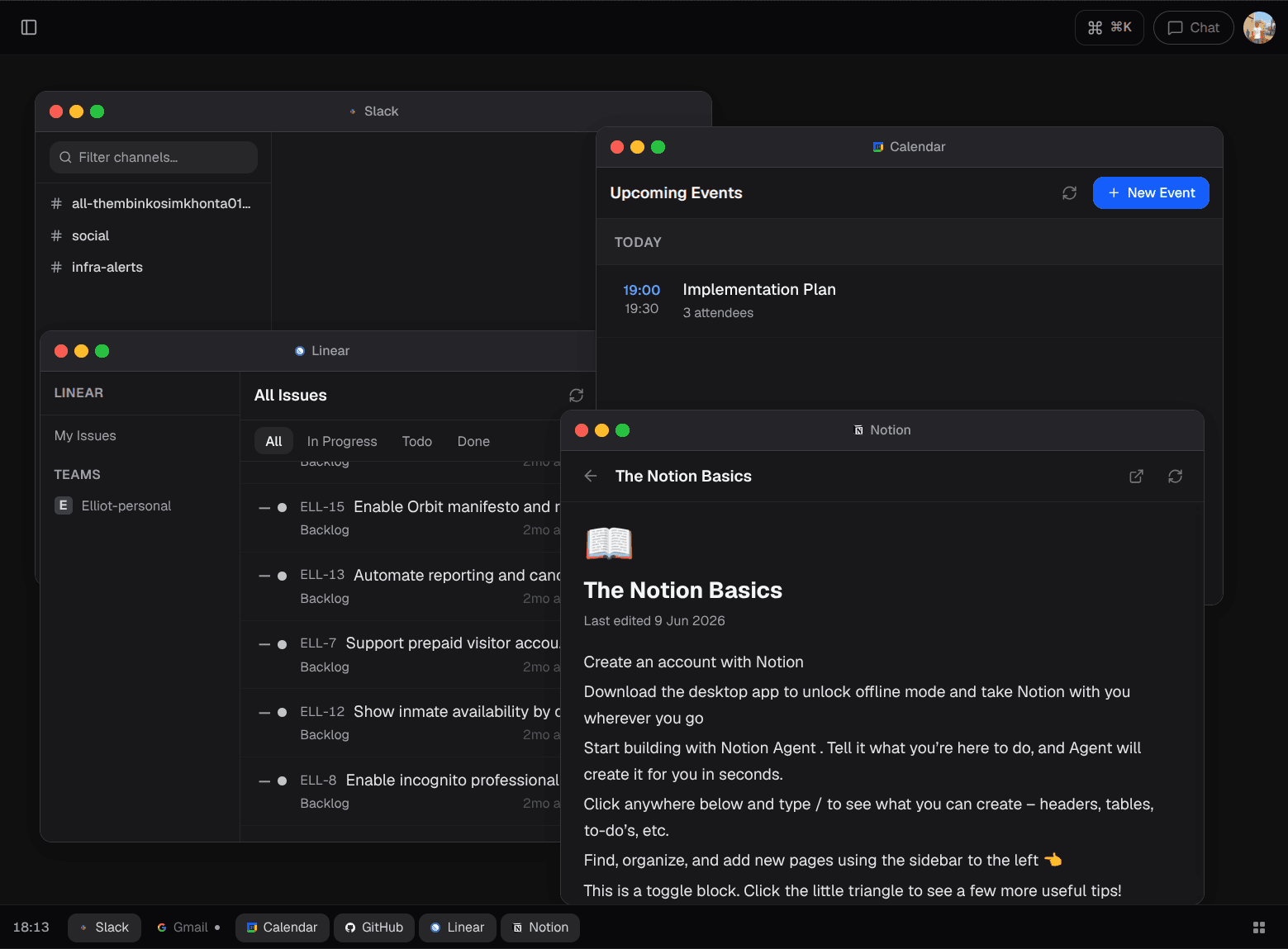 Primer Agent workspace — Gmail, Calendar, Linear, Notion open side by side